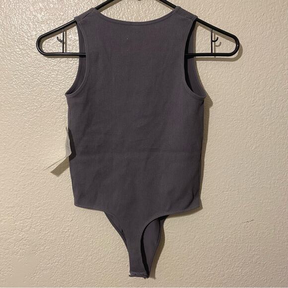 Mono B The Trend Ribbed Thong Bodysuit Gray Size S, M, L Deep V Neck NWT - Picture 5 of 6